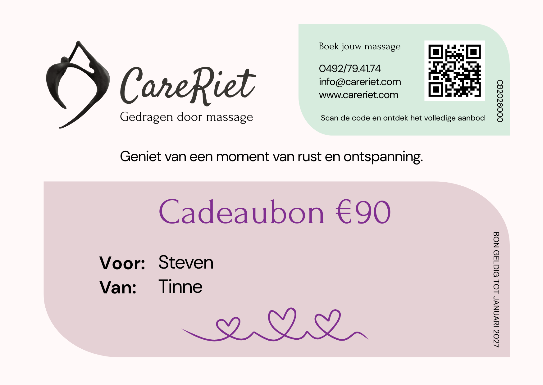 cadeaubon zorgmassage CareRiet Mechelen - massage cadeau voor moederdag, verjaardag, kerst, mantelzorger, patiënt